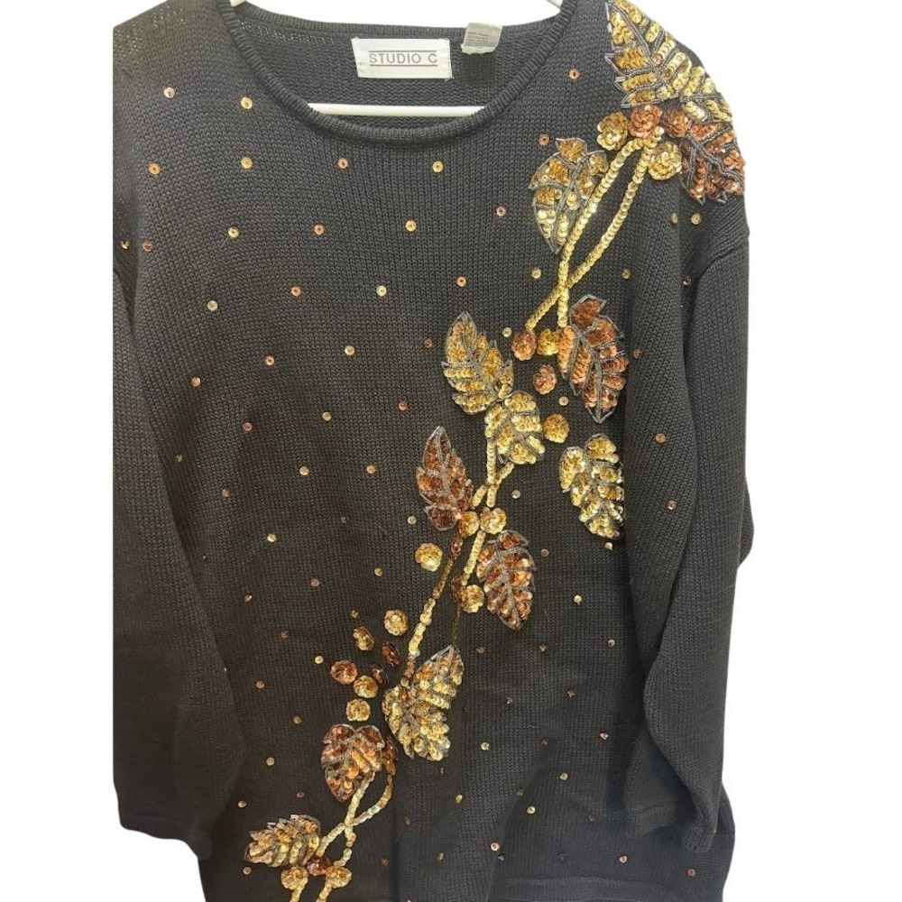 Studio C Vintage Black Sequin Leaf Sweater Medium‎ Ramie Cotton Fall Festive